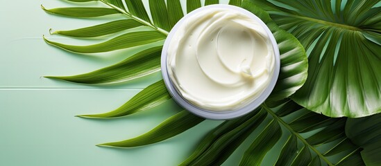 Sticker - A green scrub with gel like texture is seen on a white background along with green palm leaves The image also features a skin cleansing cream and enough space for additional content