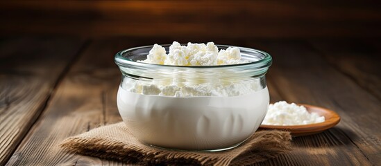 Aufkleber - A mockup of a homemade curd recipe with a bowl of cottage cheese and milk on a wooden background providing ample space for adding text or images