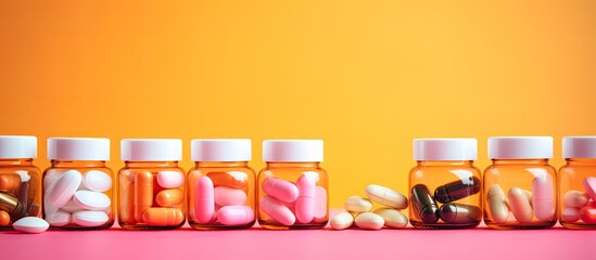 Aufkleber - Pharmaceutical products including vitamins pills and tablets are displayed on a pink background The image represents healthcare and drug prescription for treatment capturing the essence of the pharma