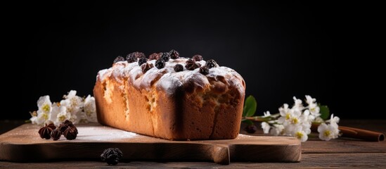 Fototapete - A Kraffin an Easter cake is placed on a wooden table with a dark background creating a lovely display for this spring holiday bread There is plenty of copy space available