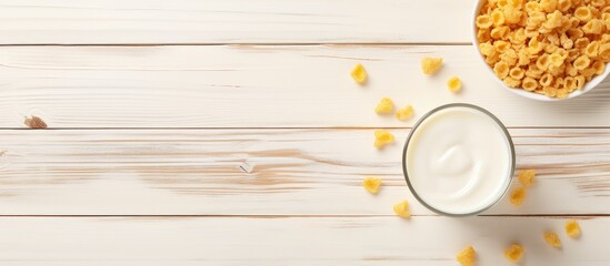 Aufkleber - A delicious combination of crunchy corn flakes milk and a white tiled table creates a visually appealing flat lay image Perfect for adding text. Creative banner. Copyspace image