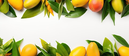 Aufkleber - A vibrant tropical fruit concept is depicted in a close up top down view of a visually appealing assortment of chopped mangoes adorned with green leaves The bright white timber background adds to the