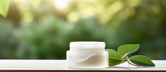 Poster - On a bright wooden table there is a white cosmetic cream with leaf buds in the background creating a visually appealing image with empty space. Creative banner. Copyspace image