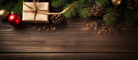 Poster - A festive display of decorated fir branches a gift box and Christmas ornaments placed on a rustic brown wooden background Ideal for a copy space image