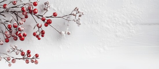 Fototapete - Christmas card featuring a festive branch from a Christmas tree placed on a white wooden background with a card attached Ideal copy space image
