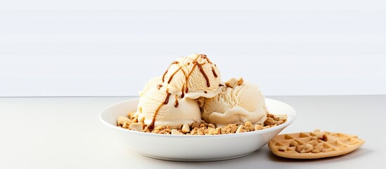 Poster - A white plate holds a copy space image of peanut butter banana ice cream scoops presented in a white bowl and cup alongside a gluten free waffle cone Sprinkles of peanuts adorn the creamy dessert
