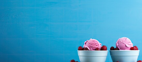 Poster - A mouthwatering berry ice cream served in small bowls placed on a blue background with fresh strawberries There is ample space around the image for additional content