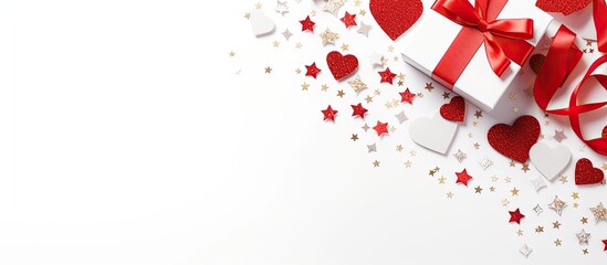 Aufkleber - A romantic Valentine s Day concept featuring a declaration of love surrounded by paper hearts a star shaped lollipop and a red gift box with a ring The flat lay arrangement is viewed from the top on