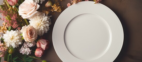 Leinwandbilder - A spring themed flat lay featuring a vintage white plate with no food on it placed on top of a beautiful arrangement of flowers Copy space image
