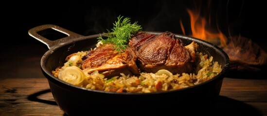 Poster - German traditional dish consisting of roasted pork leg served with stewed sauerkraut and braised sour cabbage in a saucepan This copy space image represents the national cuisine featuring a hearty co