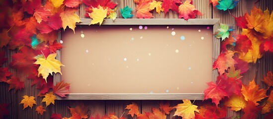 Poster - A fall themed wooden photo frame adorned with dry maple leaves and confetti is placed on colored paper creating a festive atmosphere The top view shot allows for potential copy space