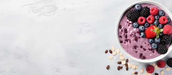 Aufkleber - A healthy dessert of mashed berries banana and natural yogurt in a white bowl Adorned with frozen blackcurrant sliced almonds and black sesame seeds Top view with ample copy space