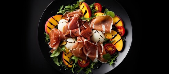 Aufkleber - Close up top view of a fresh gourmet salad on a white plate against a black background featuring grilled peaches with mozzarella prosciutto ham red tomato green basil and drizzled with soy sauce Ampl