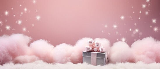 Poster - A lovely Christmas concept with fluffy decorations including xmas balls gift boxes and artificial snow all set against a pink background with shiny stars Ample copy space