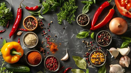 Aufkleber - A variety of spices and fresh vegetables are laid out on a kitchen table, including peppers, tomatoes, onions, and fresh herbs. Generative AI