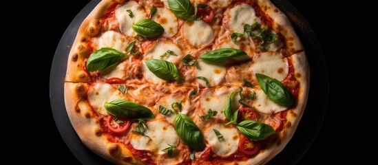 Aufkleber - Top view of a mouthwatering Italian Margherita pizza with mozzarella cheese tomato sauce and fresh basil on a black background featuring generous copy space for your creative needs
