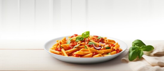 Aufkleber - Italian cuisine featuring penne pasta with tomato sauce and basil showcased on a light background providing ample space for a copy space image