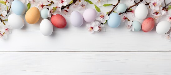 Aufkleber - Top view of pastel colored Easter eggs and spring blooming branches on a white wooden background providing ample copy space for additional elements in the image
