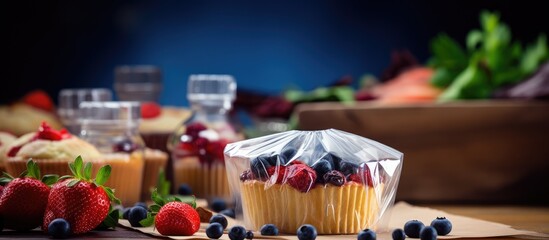 Poster - Preparing a package of muffins infused with the flavors of strawberries and blueberries The muffins are ready to be baked and the package is showcased against a copy space image with a food backgroun