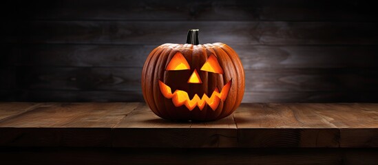 Poster - A Halloween celebration with a pumpkin adorned with a carved face placed on a wooden table against a black backdrop allowing room for text in the image. Creative banner. Copyspace image