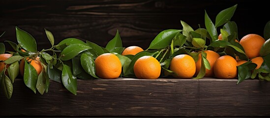 Poster - On the table there is a wooden box containing fresh mandarin oranges or tangerines with leaves creating a visually appealing copy space image