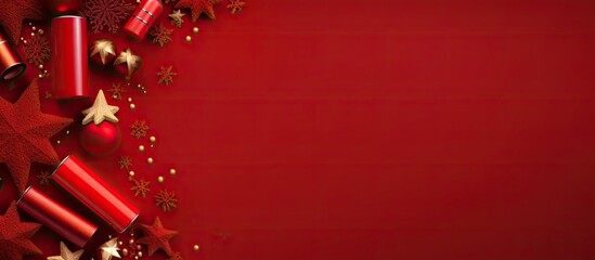 Poster - A flat lay of decorative cosmetic products arranged in the shape of a Christmas tree on a red background creating a festive and wintery scene with space for text. Creative banner. Copyspace image
