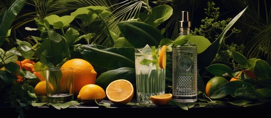 Aufkleber - The alcoholic beverage is a gin bitter lemon cocktail made with dry gin tonic grapefruit and ice cubes It is accompanied by bar tools and set against a deep jungle green backdrop with lush plant leav