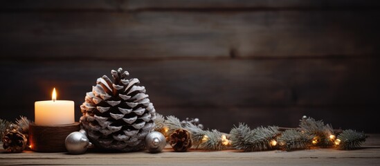 Wall Mural - A charming Christmas display featuring a ceramic tree candle and pine cones on a rustic wooden board Perfect as a mini tabletop decoration Ideal as a copy space image for Christmas web banners