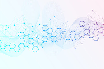 Fototapete - Modern scientific background with hexagons, lines and dots. Wave flow abstract background. Molecular structure for medical, technology, chemistry, science. Vector illustration