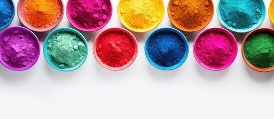 Aufkleber - Flat lay copy space image of bowls filled with vibrant colorful powders on a light background creating a festive atmosphere for the celebration of the Holi festival