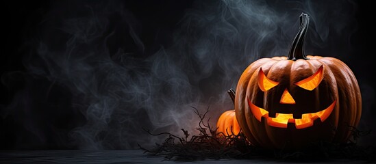Poster - A spooky Halloween pumpkin standing alone on a dark backdrop creates a chilling atmosphere evocative of Halloween night featuring several Jack o Lanterns. Creative banner. Copyspace image
