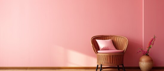 Poster - There is an arrangement of furniture including an armchair wicker basket and table positioned near a pink wall creating a visually pleasing copy space image