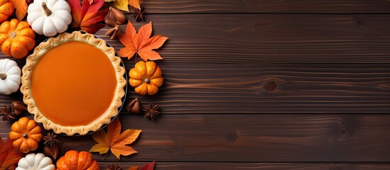 Poster - A traditional pumpkin pie is placed on a table surrounded by pumpkins and leaves The photograph is taken from above capturing the white background and allowing for copy space
