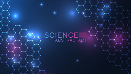 Poster - Modern scientific background with hexagons, lines and dots. Wave flow abstract background. Molecular structure for medical, technology, chemistry, science. Vector illustration