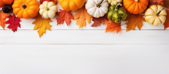 Sticker - A copy space image depicting the autumn season with pumpkins dried leaves and a white wooden background The flat lay and top view enhance the Halloween concept