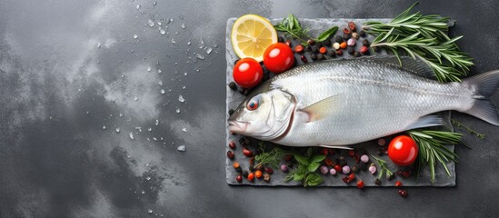 Poster - A top view of a fresh raw dorado or sea bream fish on a light grey slate or stone background It is accompanied by lemon thyme garlic cherry tomato and salt There is also copy space available in the i