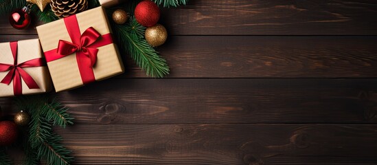 Poster - A festive Christmas themed image featuring colorful gift boxes spruce branches and a wooden background The top down perspective gives a flat lay view with a Christmas gift box in focus It can be used
