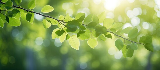 Poster - Close up of birch branches with luscious green foliage creating a stunning background of blurred bokeh sun glare and ample copy space for text