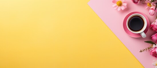 Fototapete - Entrepreneur s workspace flat lay featuring a vibrant yellow and pink desktop adorned with a cup of coffee a notebook pencil and a smartphone Plenty of copy space available