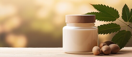 Aufkleber - Natural organic cosmetics concept with cream jar and Horse chestnut leaf placed on a wooden stand creating an aesthetic copy space image on a beige table