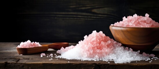 Aufkleber - A copy space image showcasing a cup of Himalaya salt on a wooden background The pink salt is raw and can be used in food for its salty flavor and in aroma therapy It is also considered a healthy food