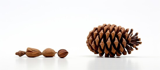 Poster - A solitary brown fir cone with no other objects around set against a plain white background creating ample space for other content in the image