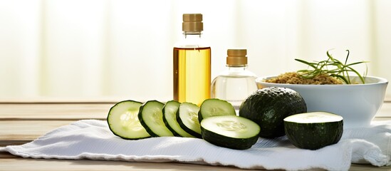 Poster - A close up copy space image of a cucumber home spa and hair care concept featuring sliced cucumber oil bottles sea salt a bathroom towel and a whiteboard background