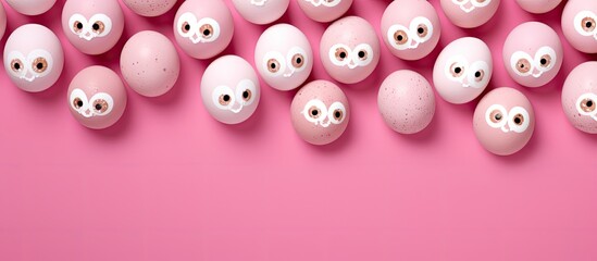 Aufkleber - Top view of a pink background with an arrangement of white eggs featuring painted eyes creating a festive Easter pattern Ample copy space is available