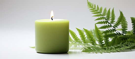 Aufkleber - A calming green scented candle with a refreshing natural fragrance complemented by fern leaves rests elegantly on a clean white background This serene image evokes aromatherapy relaxation body care a