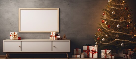 Aufkleber - A copy space image of a blank frame is displayed on top of a chest of drawers surrounded by gifts Nearby a Christmas tree stands next to a well lit wall in the room