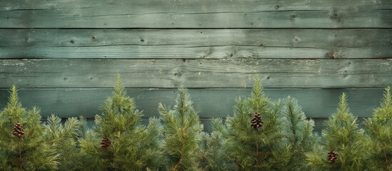Aufkleber - A spring themed Christmas backdrop with fluffy evergreen twigs where light green spruce sprigs are seen near a textured old fence The image offers copy space for text and messages
