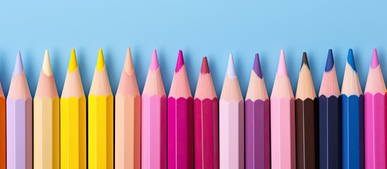 Aufkleber - A close up image of colorful pencils arranged on a pink background representing the back to school concept and showcasing the process of studying and painting with art materials The drawing with the