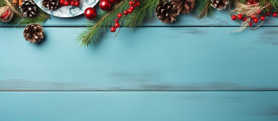 Poster - A festive Christmas table with a menu arrangement adorned with pine tree branches and spices The table is set on a light blue or green wooden background made of fir twigs cones and berries It is pres