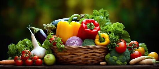Poster - Above view of a bountiful basket overflowing with various fresh vegetables emphasizing a vegetarian diet for a healthy lifestyle and agricultural harvest Copy space available